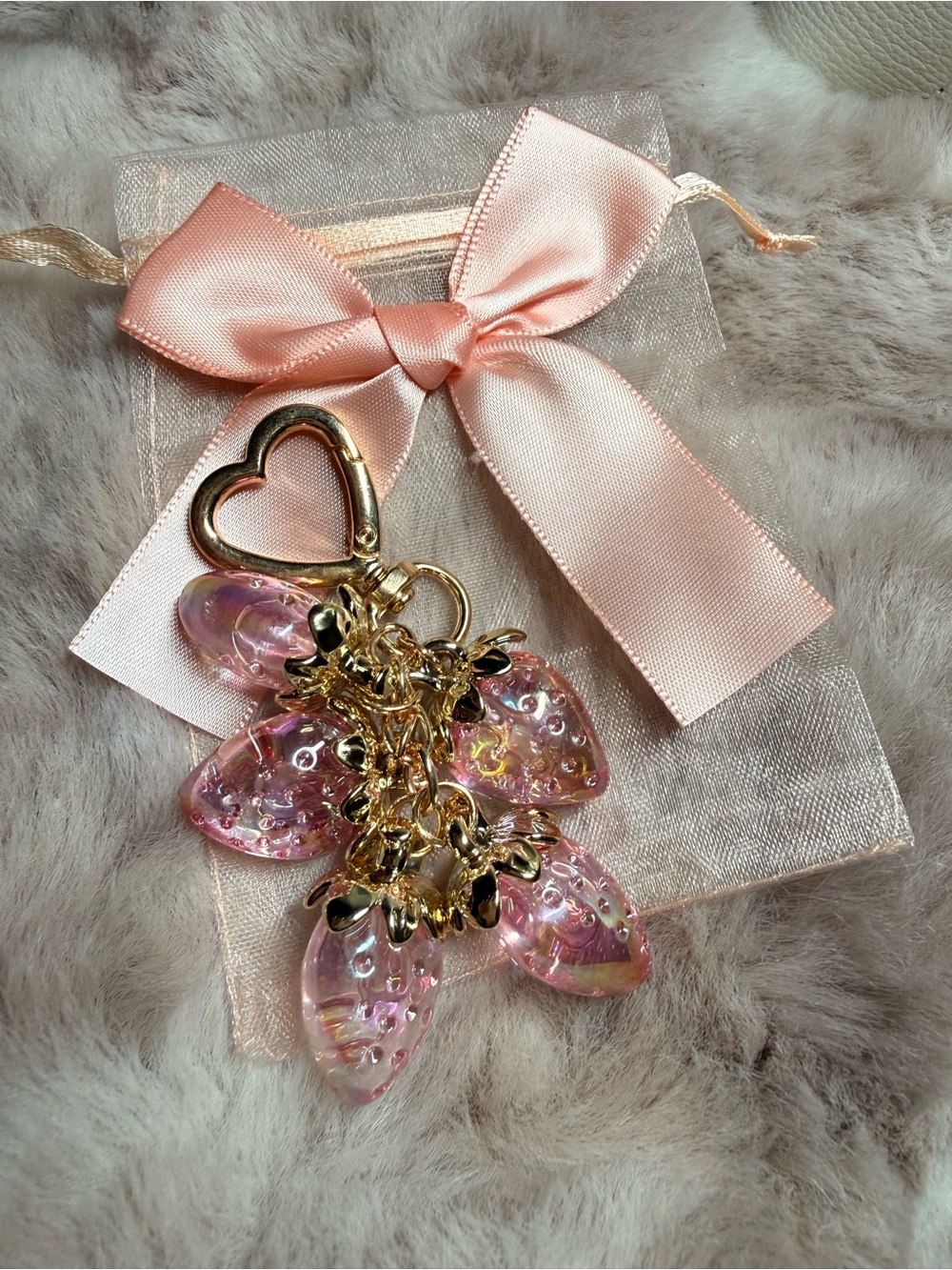 Pink Iridescent 5 strawberry bag Charm Keychain with Gold Hardware
